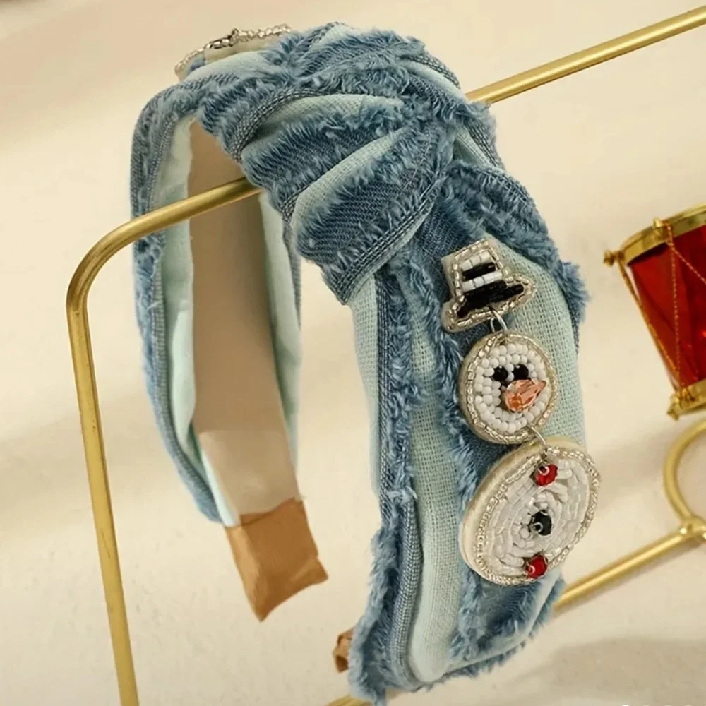 Light Blue Denim Snowman Beaded Headband